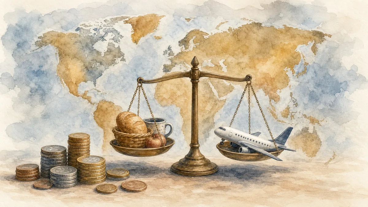 水彩で、世界地図か地球儀と、物価と航空券を見比べるコインと小さな飛行機。落ち着いた色合い。読める文字や数字は入れない