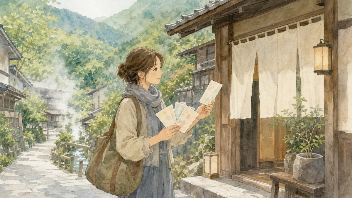 水彩調のイラストで、地方の温泉宿の玄関先とのれん、遠景の山並みを背景に、旅行者らしき人物がクーポン券とパンフレットを手に宿の人と静かに言葉を交わす場面を描いた構図。判読できる文字やロゴ、実在する国旗を特定できる描写は入れない