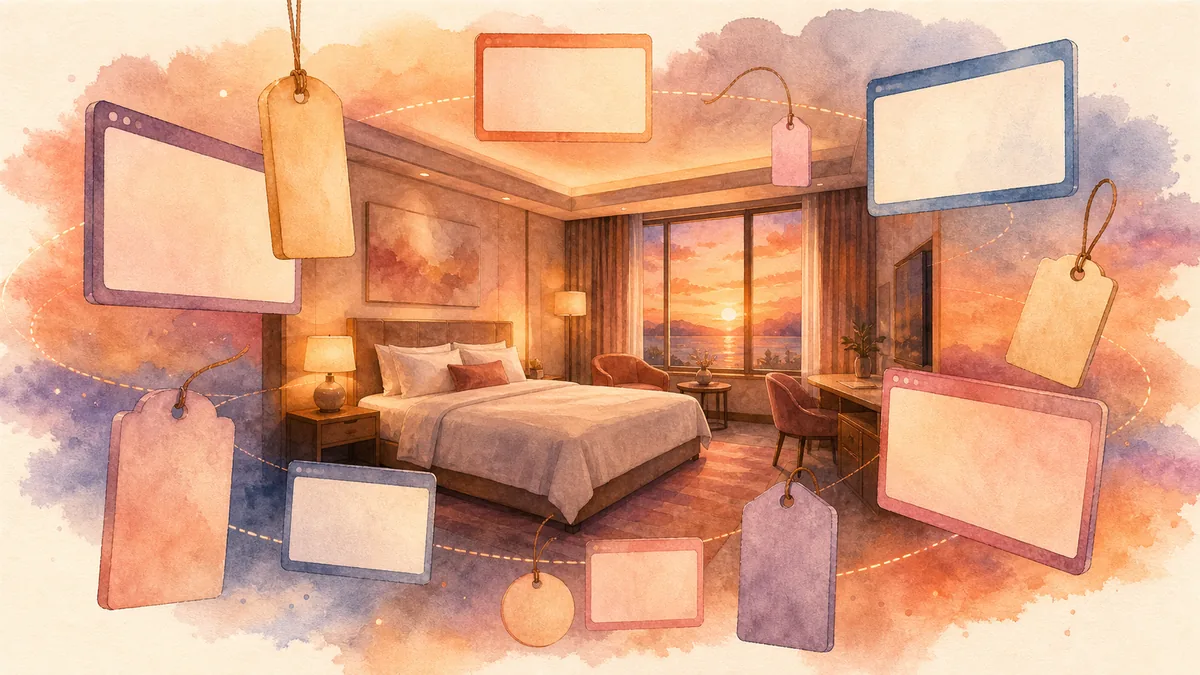 水彩の夕景で、1つのホテルの部屋が複数の画面やタグに映り、それぞれ違う値札が下がっている様子。値札や画面に数字や文字は入れない