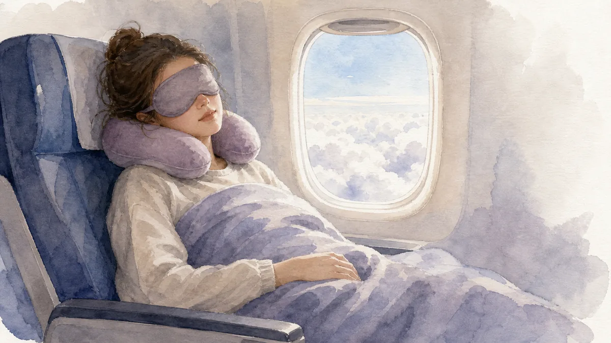 水彩調で、飛行機の機内で快適に眠る旅行者。窓側の座席、アイマスク、首まくら、ブランケット。読める文字やロゴは入れない