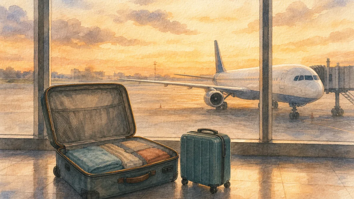夕暮れの空港の窓辺に、開いた大きなスーツケースと小さな機内持ち込みバッグが並ぶ水彩イラスト