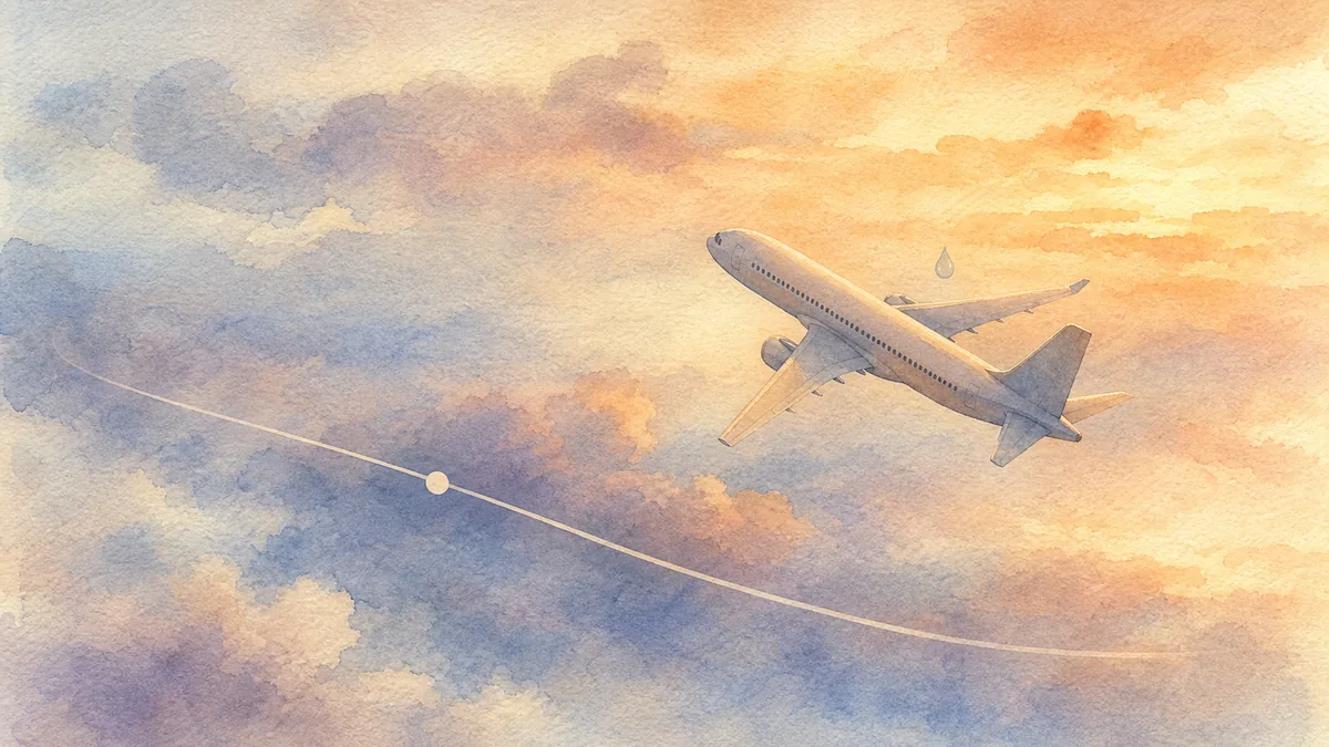 (水彩で、夕暮れの空を飛ぶ旅客機と、途中に経由地の点をひとつ置いた航路、機体のそばに浮かぶ燃料のしずくの描写。文字やロゴは入れない)