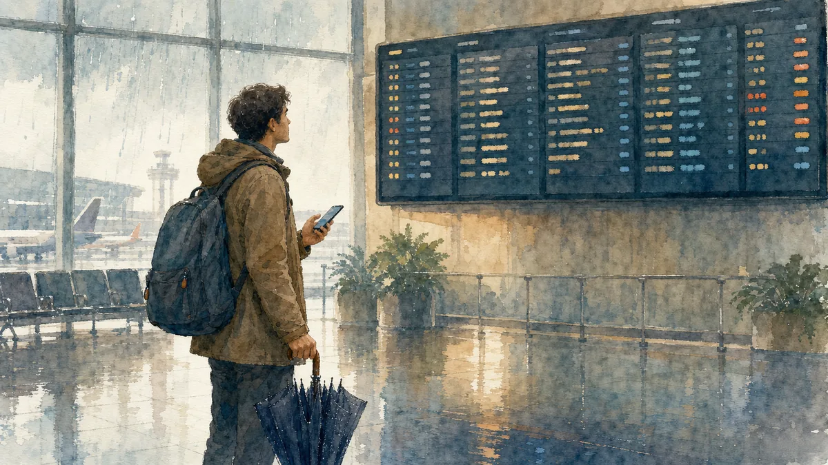 水彩調のイラストで、雨に濡れた空港の出発案内板の前に立つ旅行者を描いた構図。傘とスマートフォンを持ち、落ち着いた様子で画面を見ている。判読できる便名やロゴ、実在する企業名、特定できる国旗は描かない