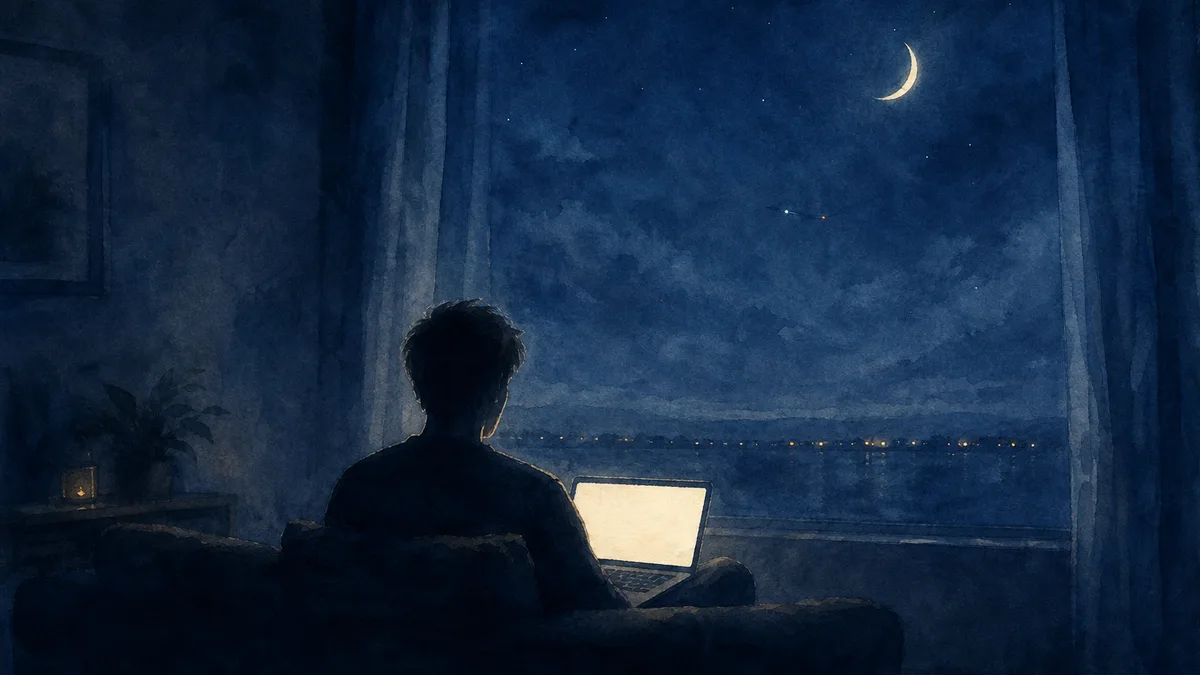 細い月の浮かぶ深夜の部屋で、ソファに座る人の後ろ姿がノートパソコンの淡い光に照らされている水彩イラスト